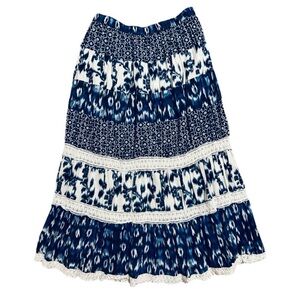 Vintage Boho Blue/White Mixed Prints Lace Trim Maxi Skirt S